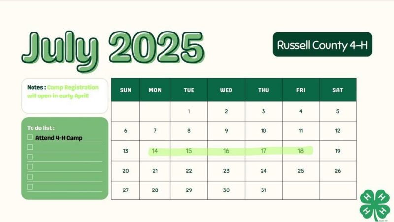 image of a calendar displaying the 2025 Russell county 4-H camp dates, July 14-18 2025